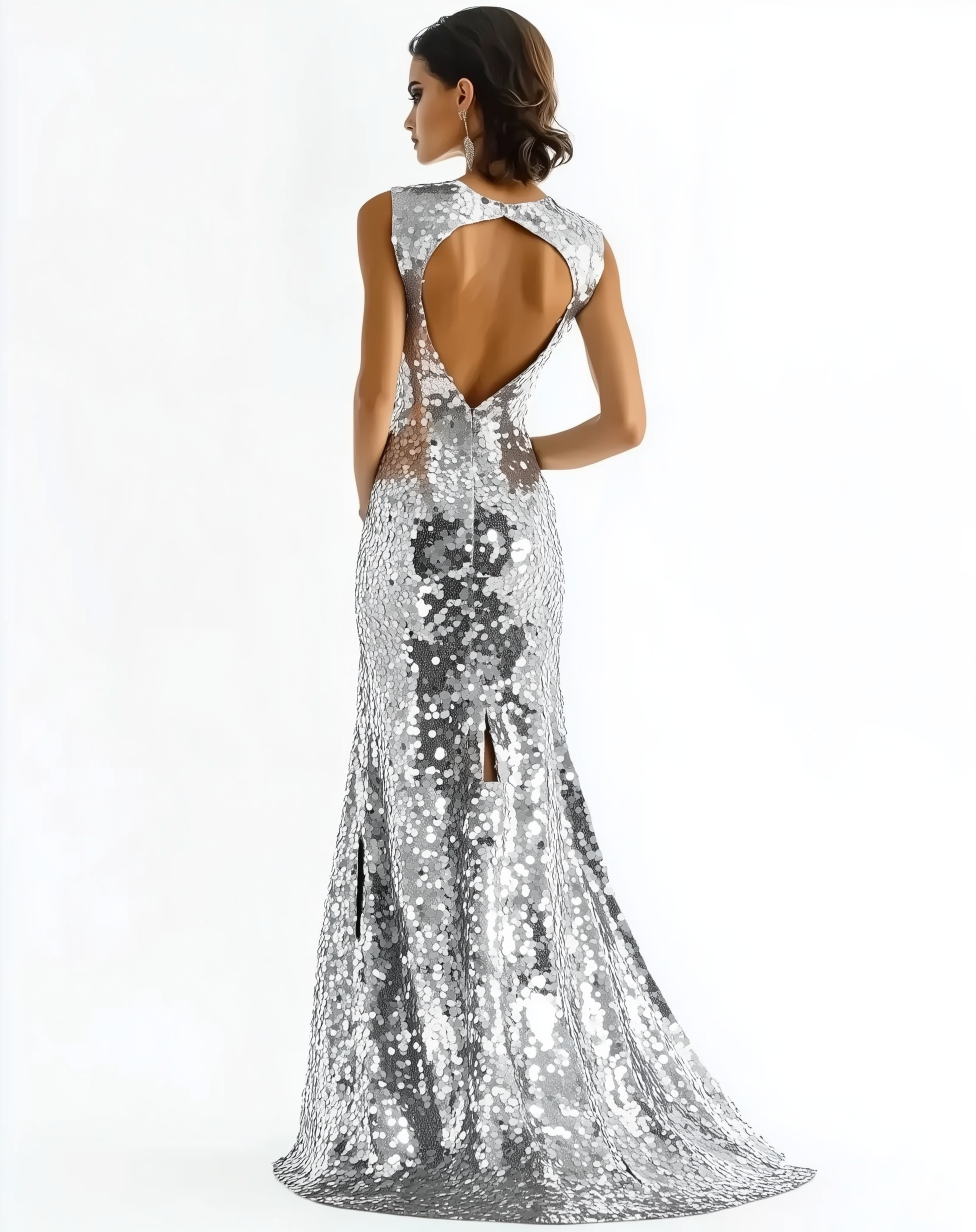 Round Neck Sleeveless Sequin Maxi Mermaid Evening Gown Dresses