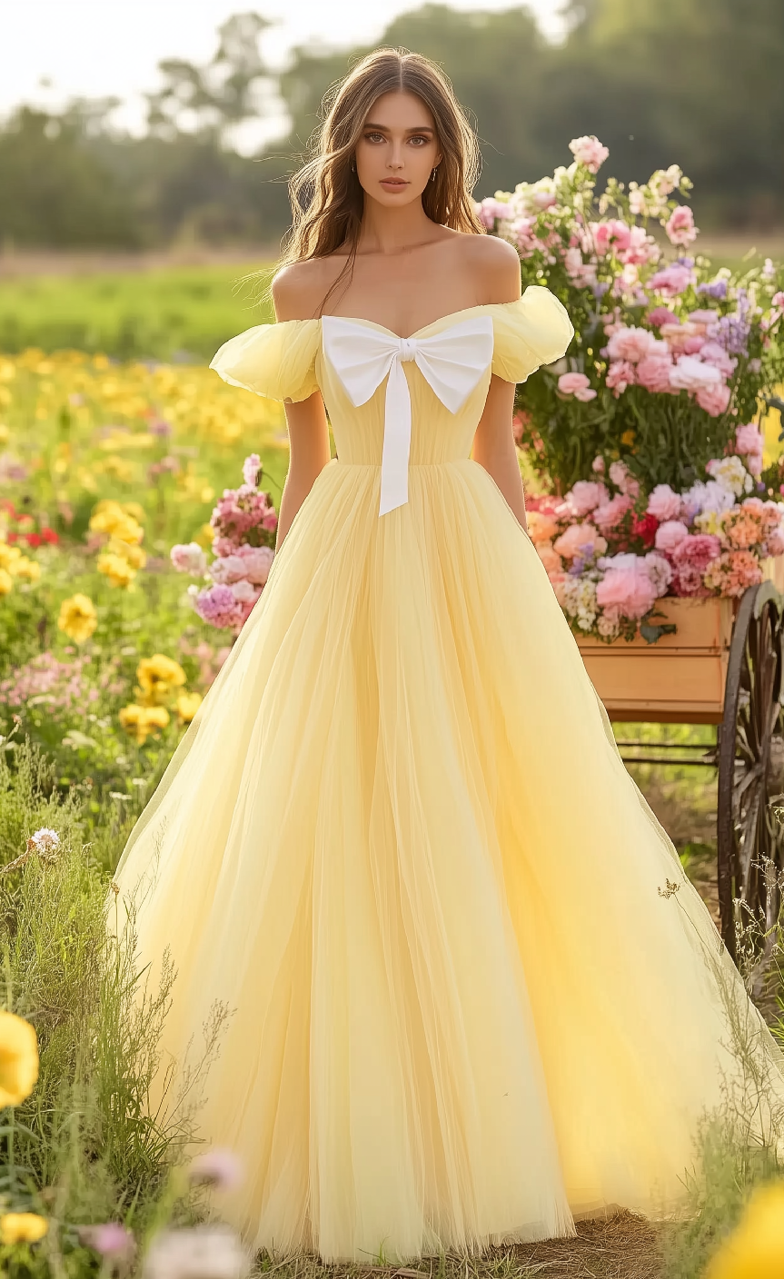 Sweetheart Neckline Puff Sleeve Tulle A-line Maxi Prom Dress