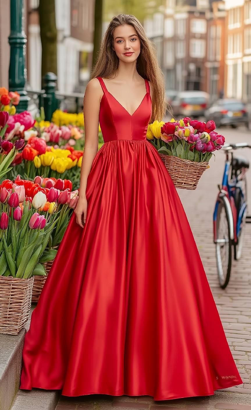 V Neck Straps Sleeveless Satin A-line Zipper Back Maxi Formal Gown