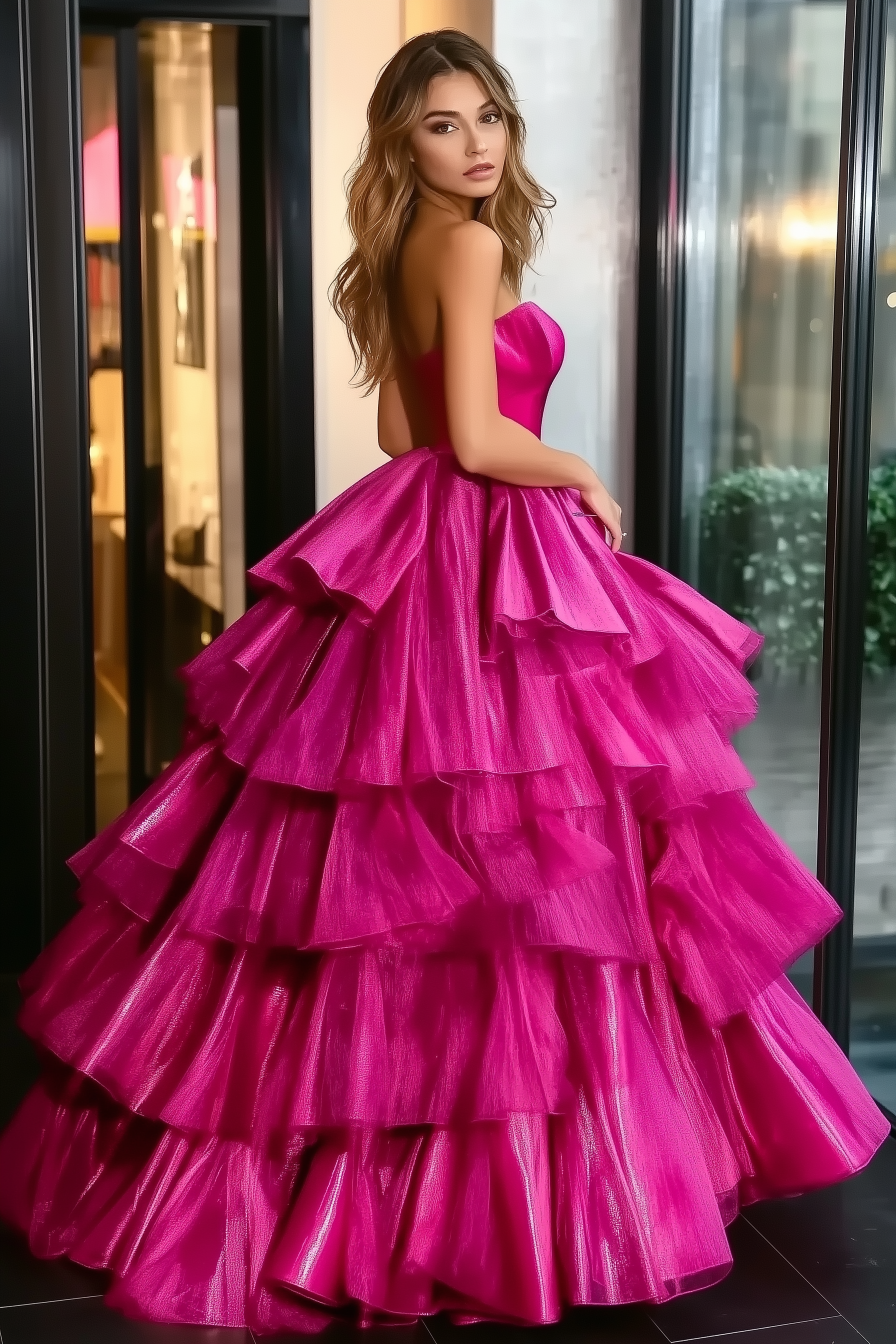 Sweetheart Neckline Sleeveless Organza A Line Bow Multi Tiered Ruffle Maxi Prom Dresses