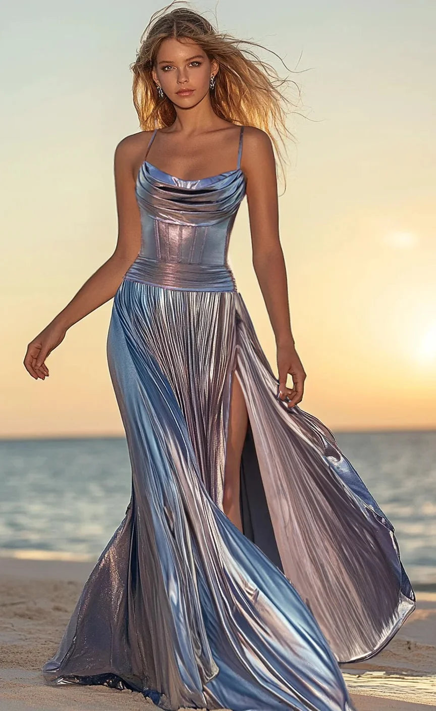 Cowl Neckline Sleeveless Metallic High Split Pleated Maxi Prom Dresses
