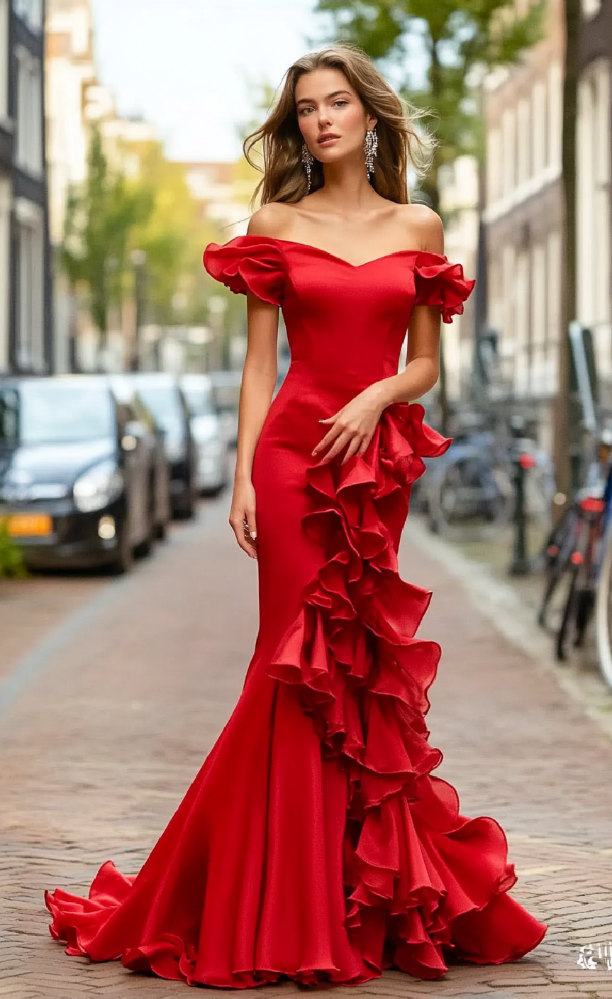V Neck Off The Shoulder Satin Mermaid Ruffle Hem Maxi Prom Dress