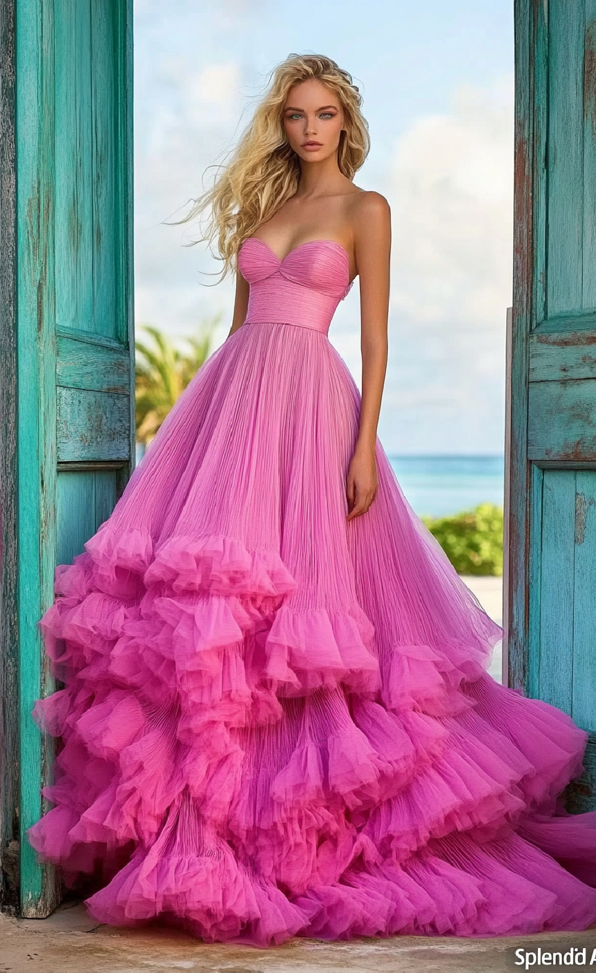 Sweetheart Neck Strapless Tulle A-line Pleated Tiered Maxi Prom Dress