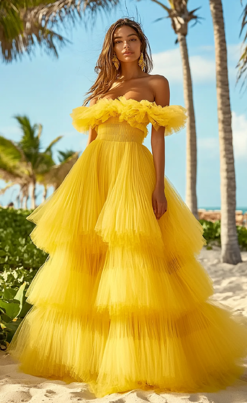 Open Shoulder Tulle Multi Ruffle Tiered Pleated Maxi Prom Dress