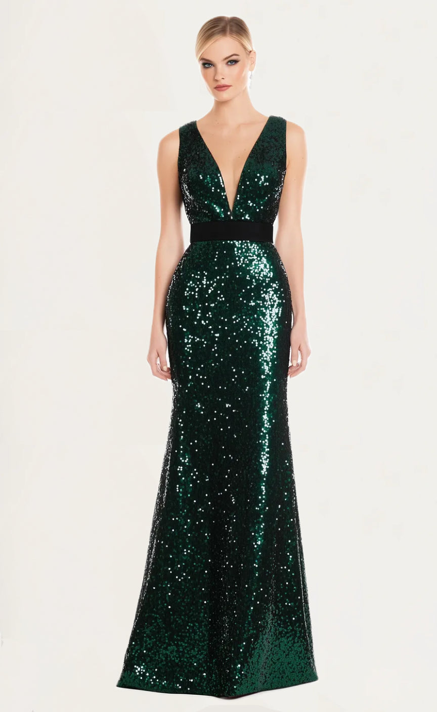 V Neck Sequin Bodycon Sweeping Train Maxi Evening Dress