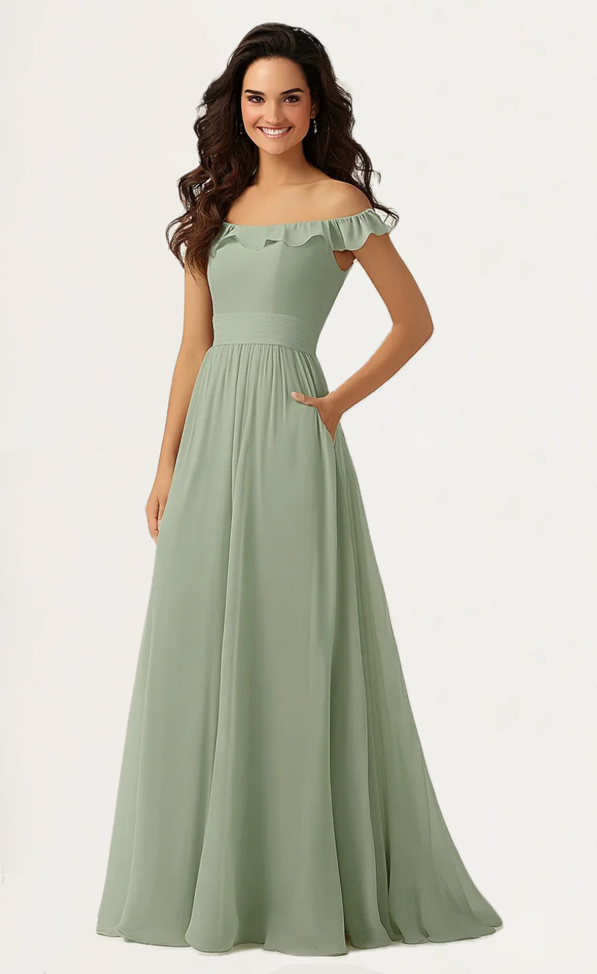 Off Shoulder Chiffon With Pocket Maxi Bridesmaid Dress