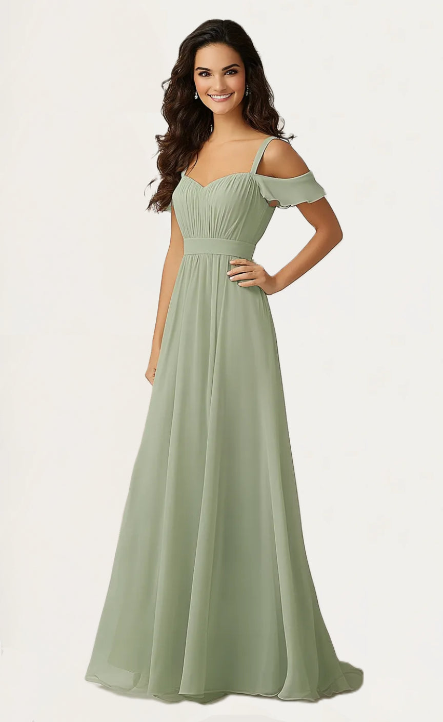 Cold Shoulder Drop Sleeve Pleated A Line Chiffon Maxi Bridesmaids Dress