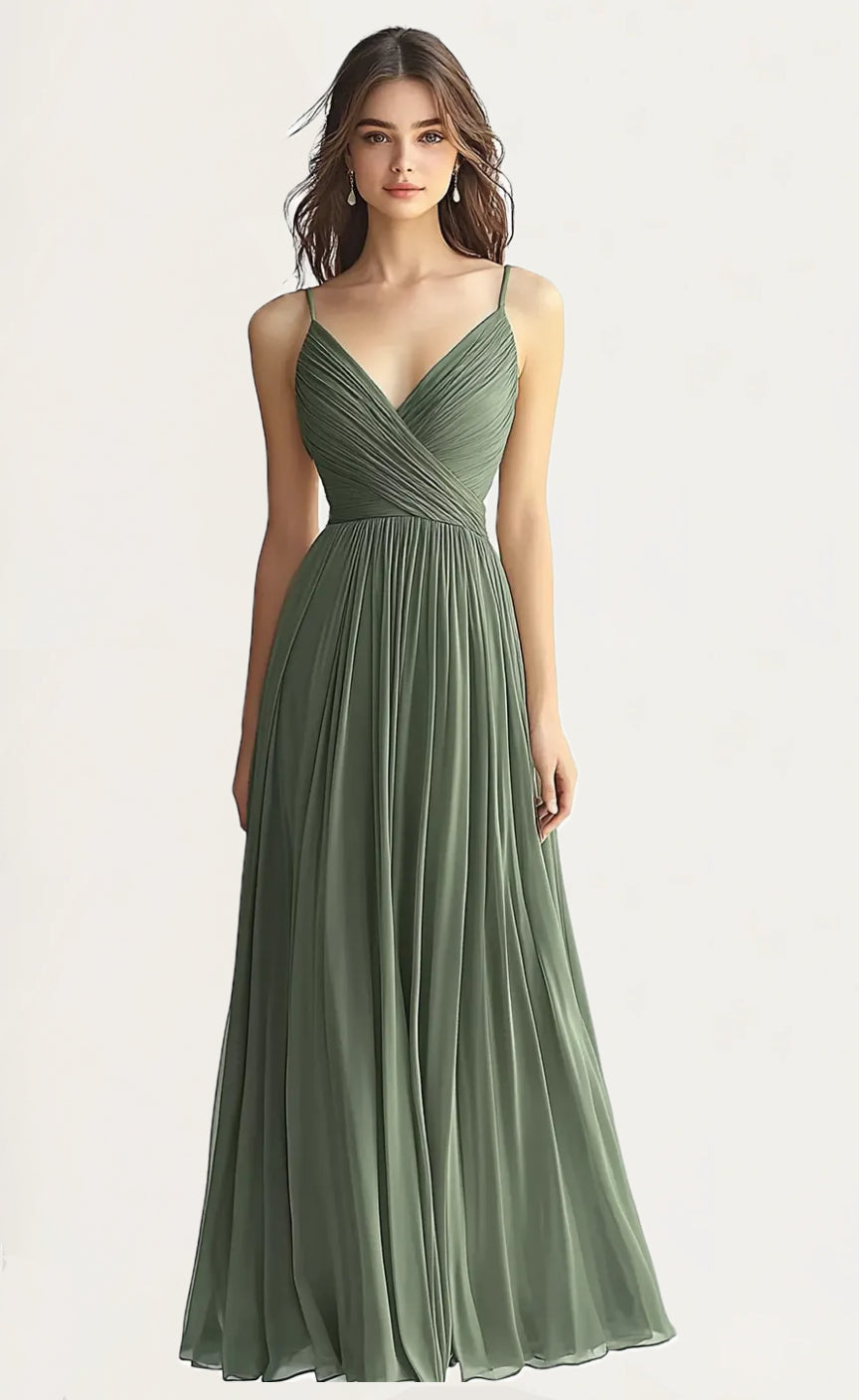 V Neck Chiffon Pleated Maxi Bridesmaid Dresses