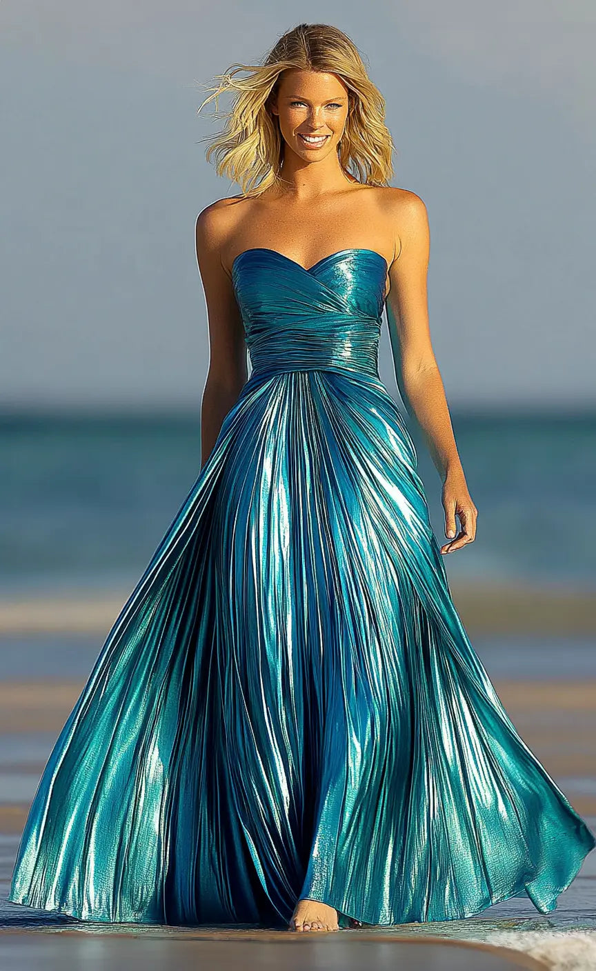 Sweetheart Neckline Strapless Metallic A-line Maxi Prom Dress