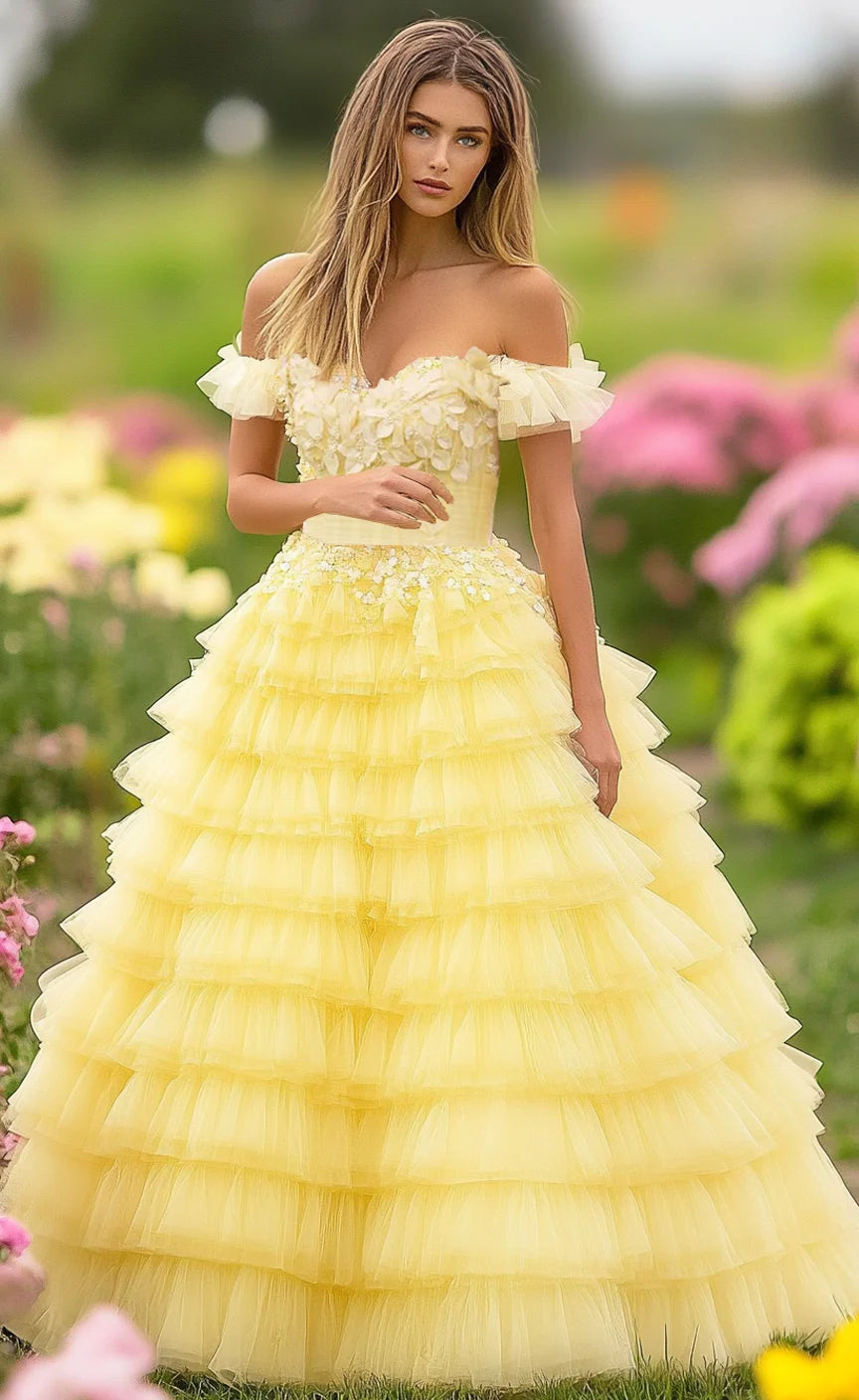 Off The Shoulder Strapless Floral Ruffle Hem Tiered Tulle Maxi Prom Dresses