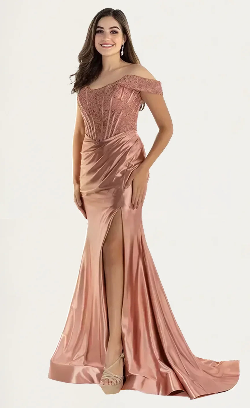 Off The Shoulder Strapless Lace Satin Split Maxi Prom Dresses