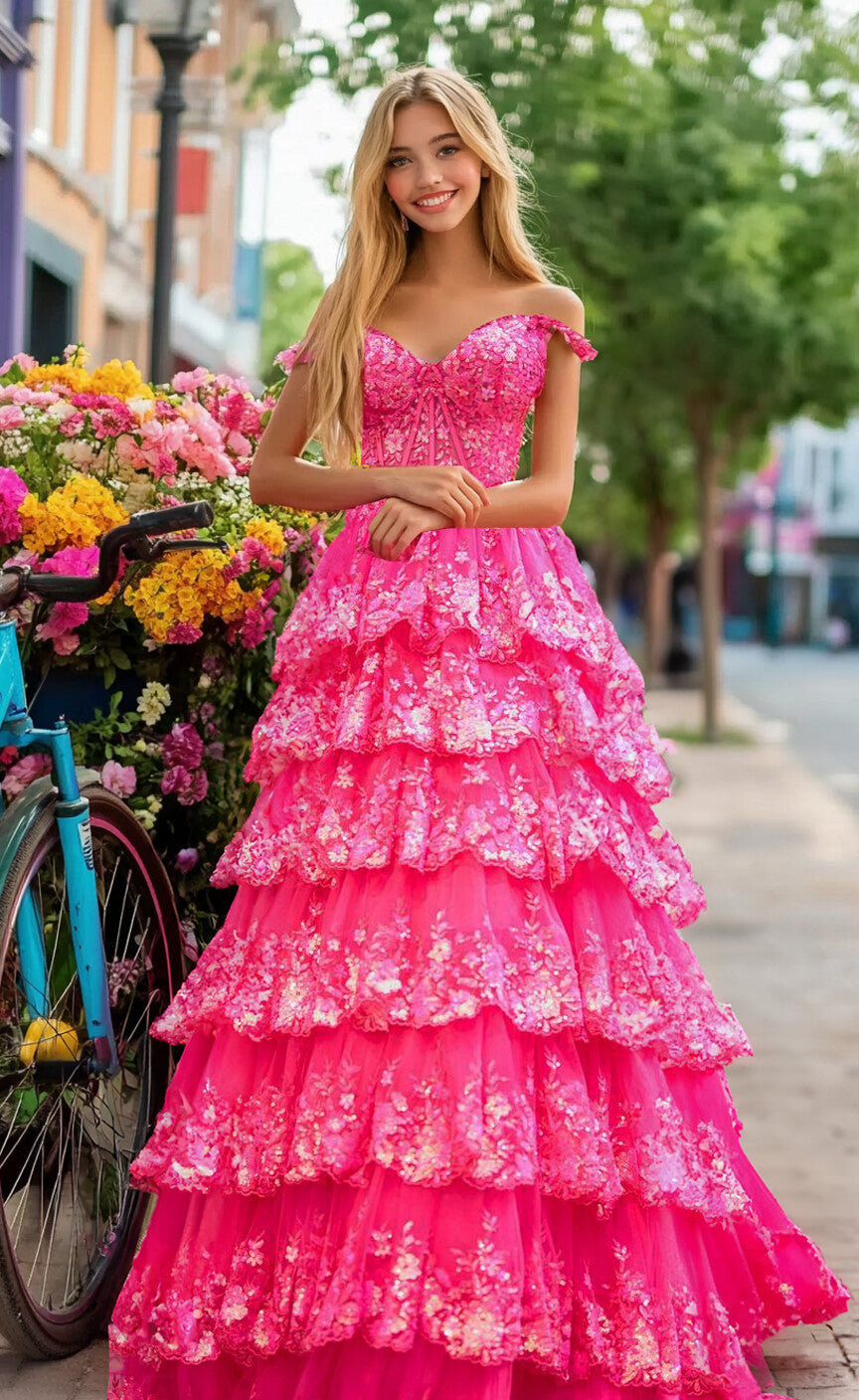 Sweetheart Neckline Lace Sequin Tiered Maxi Prom Dresses