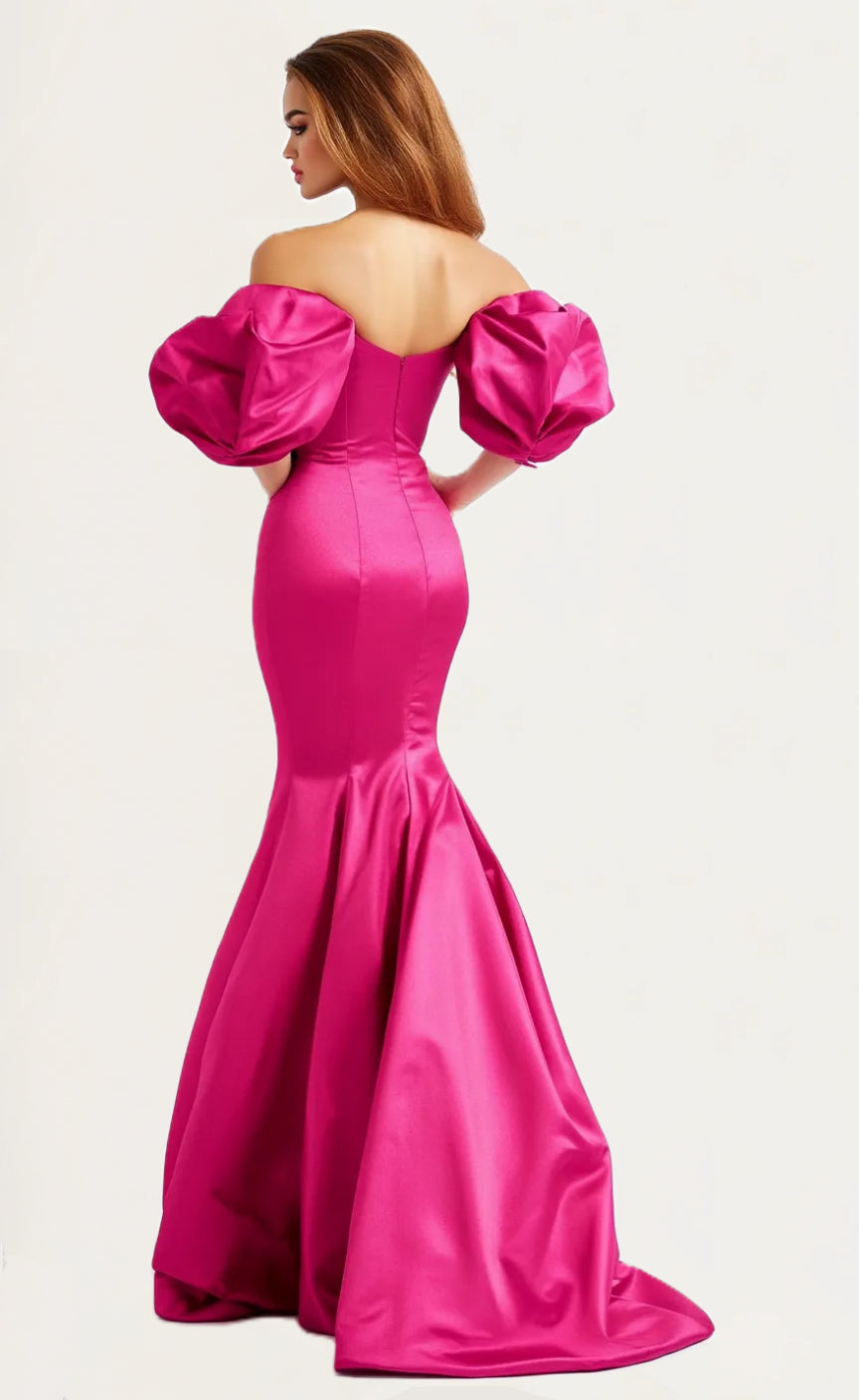Sweetheart Off Shouler Neckline Puff Sleeve Satin Mermaid Maxi Evening Dress