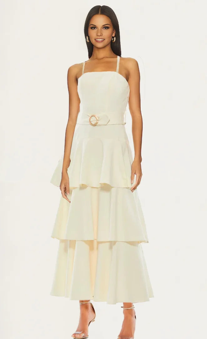 Straps Ruffle Multi Layered Tiered Ankle Length Wedding Guest Dresses