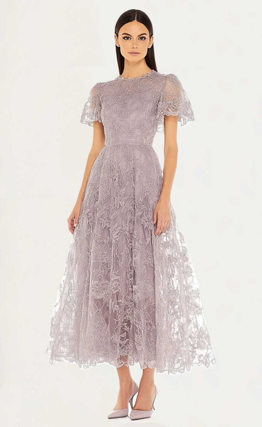 Round Neck Lace Applique A-Line Midi Mother Of The Bride Dresses