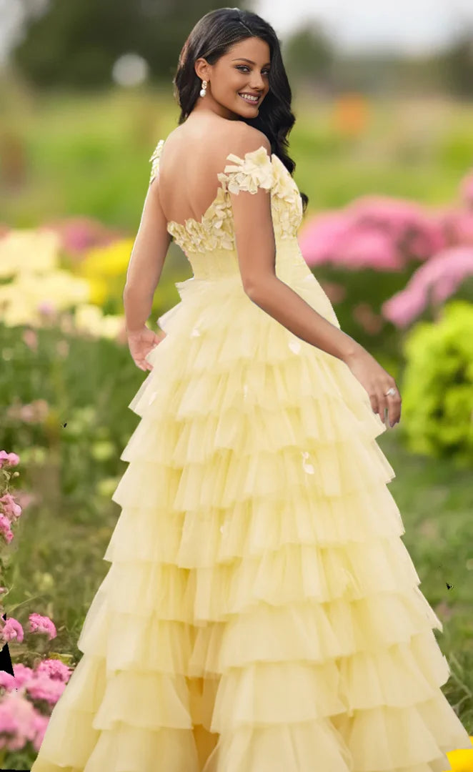 Off The Shoulder Strapless Floral Ruffle Hem Tiered Tulle Maxi Prom Dresses
