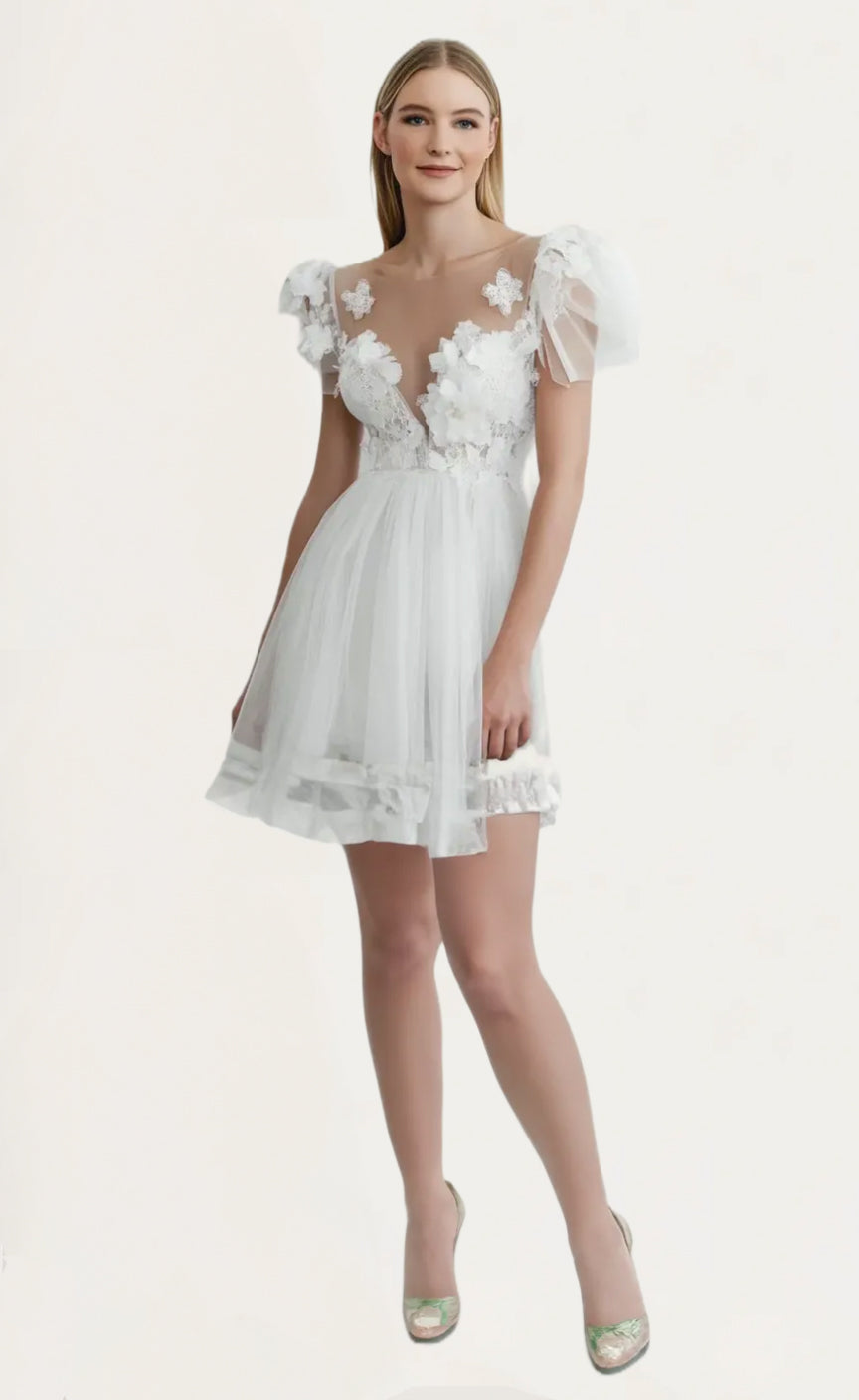 V-Neck Puff Sleeve Embroidered Floral Tulle Mini Bridesmaid Dresses