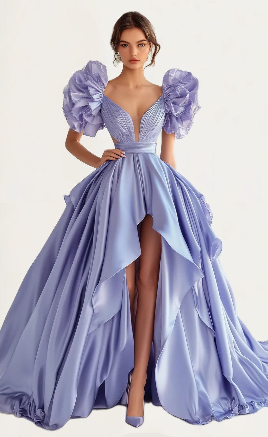 V-Neck Ruffled Sleeves Satin A-Line High Low Maxi Evening Dress