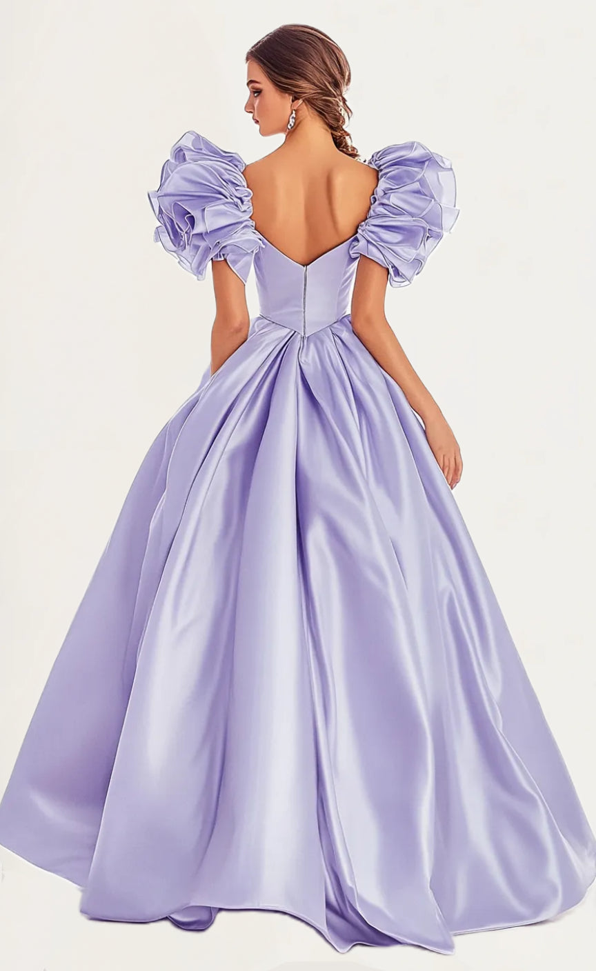 V-Neck Ruffled Sleeves Satin A-Line High Low Maxi Evening Dress