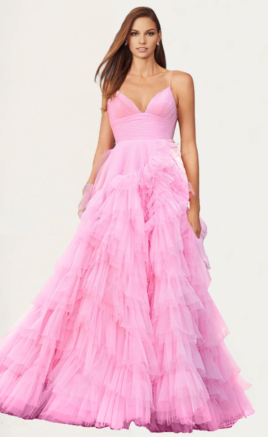 Straps Multi Layered Tiered Ruffled Tulle Maxi Prom Dresses