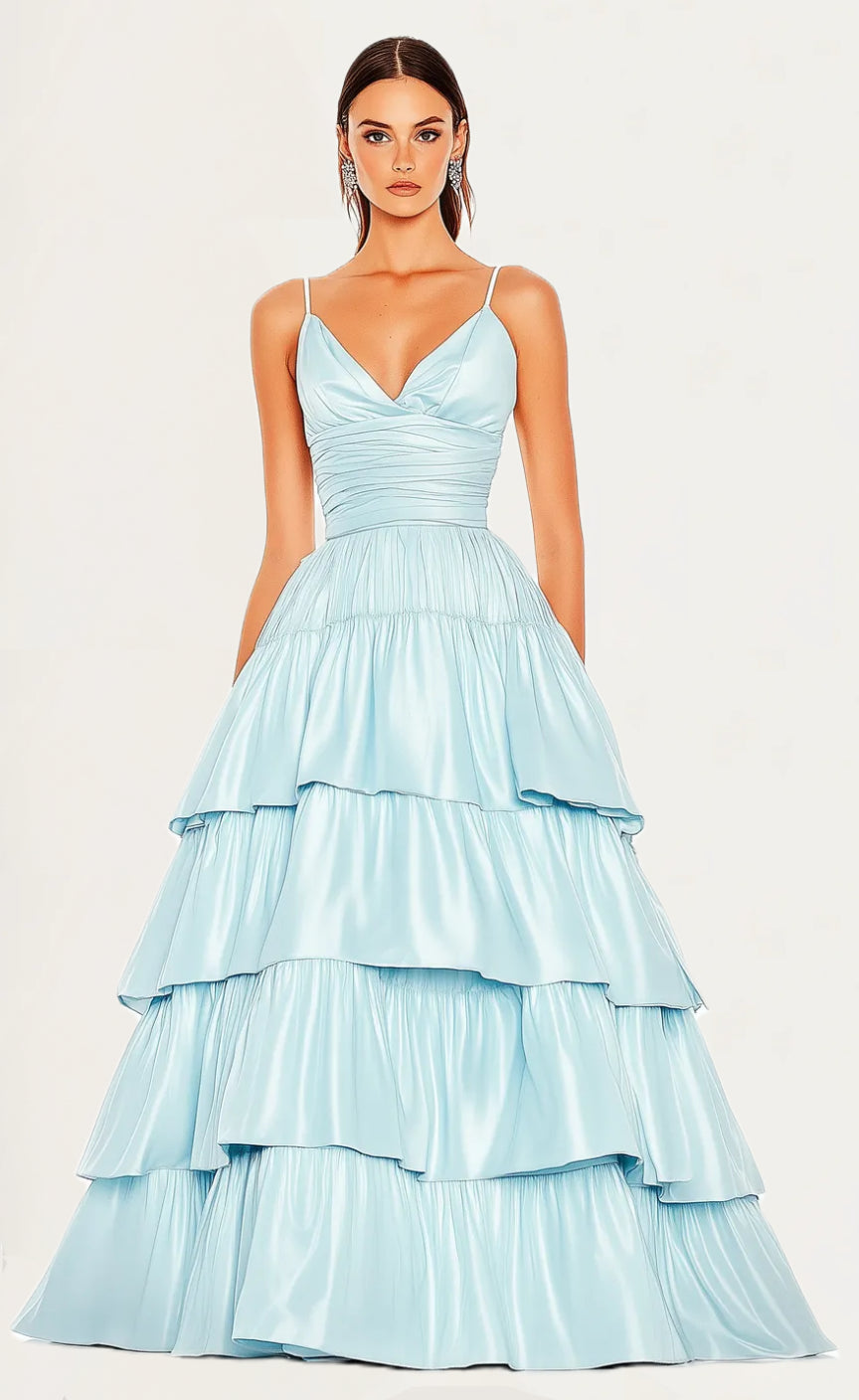 V-Neck Camisole A-Line Tiered Satin Maxi Prom Dress