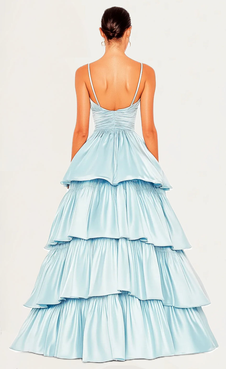 V-Neck Camisole A-Line Tiered Satin Maxi Prom Dress