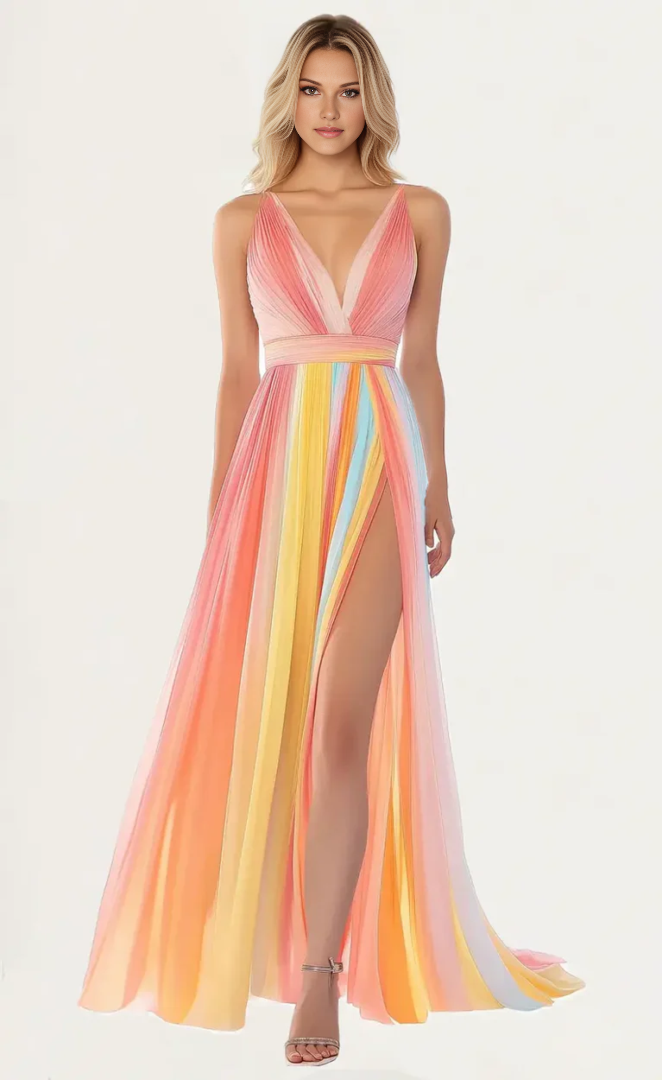 V Neck Multi Colored Pleated A-Line Slit Chiffon Maxi Wedding Guests Dresses
