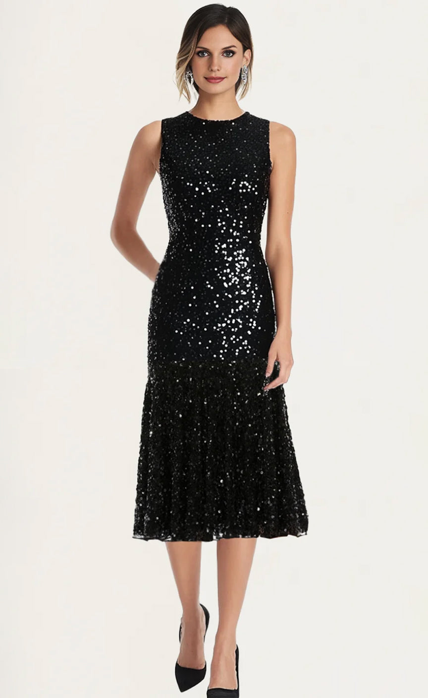 Round Neck Shining Sleeveless Sequins Mother Of The Bride Midi Dresses