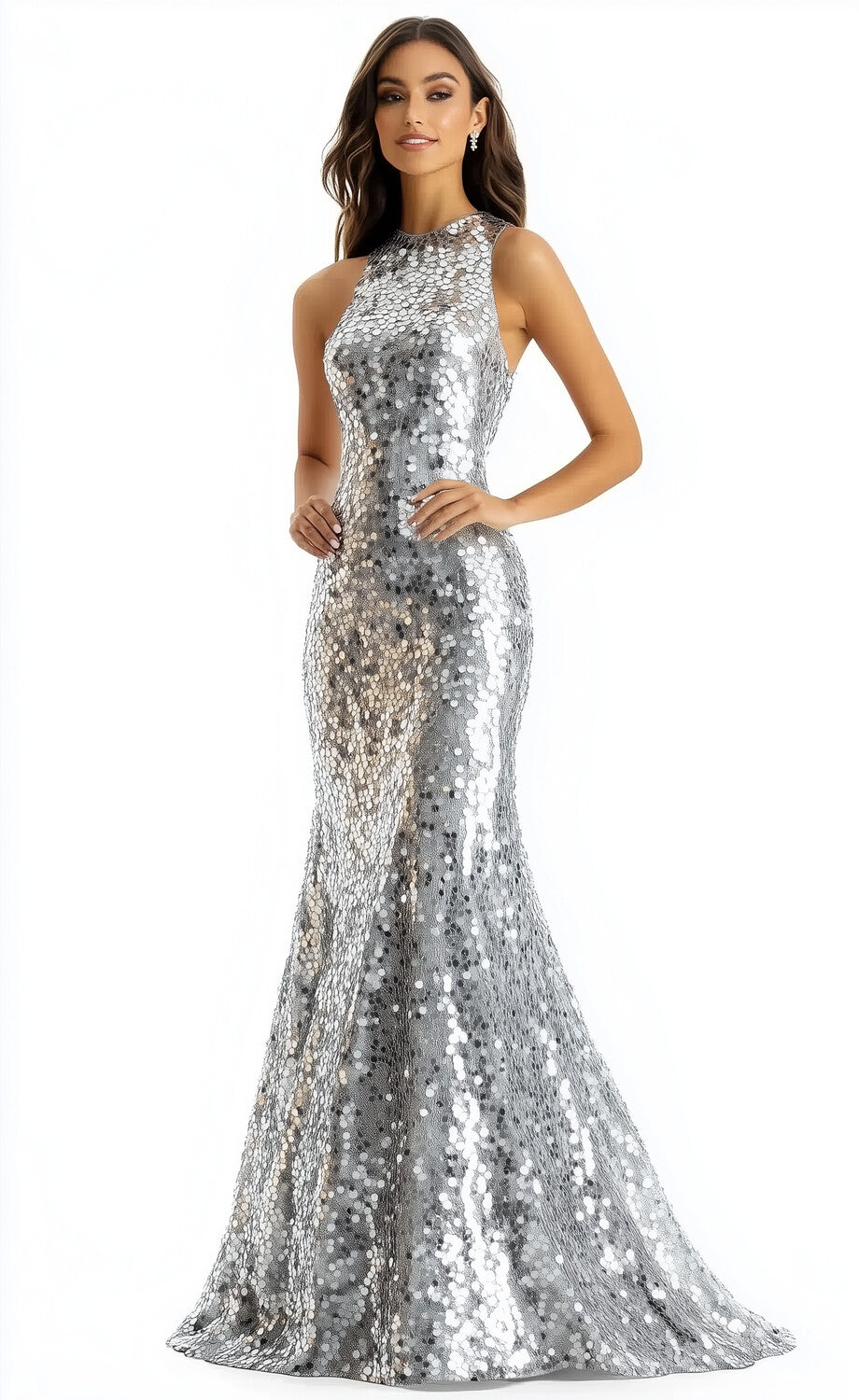 Round Neck Sleeveless Sequin Maxi Mermaid Evening Gown Dresses
