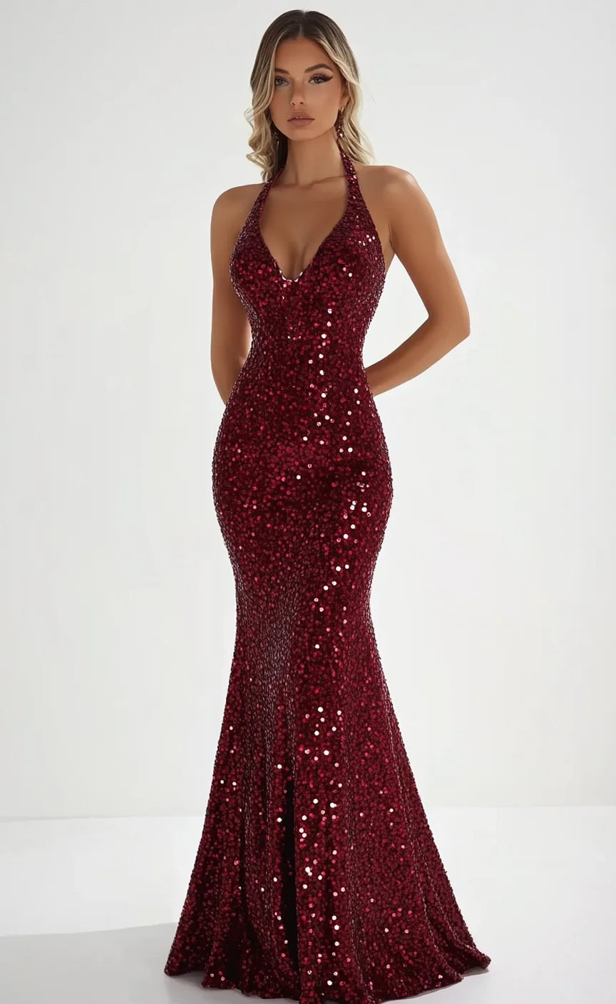 Halter Sequin Bodycon Backless Mermaid Maxi Evening Gowns Dresses