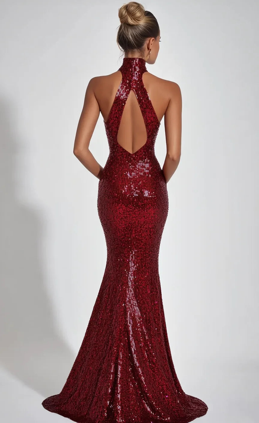 Halter Sequin Bodycon Backless Mermaid Maxi Evening Gowns Dresses