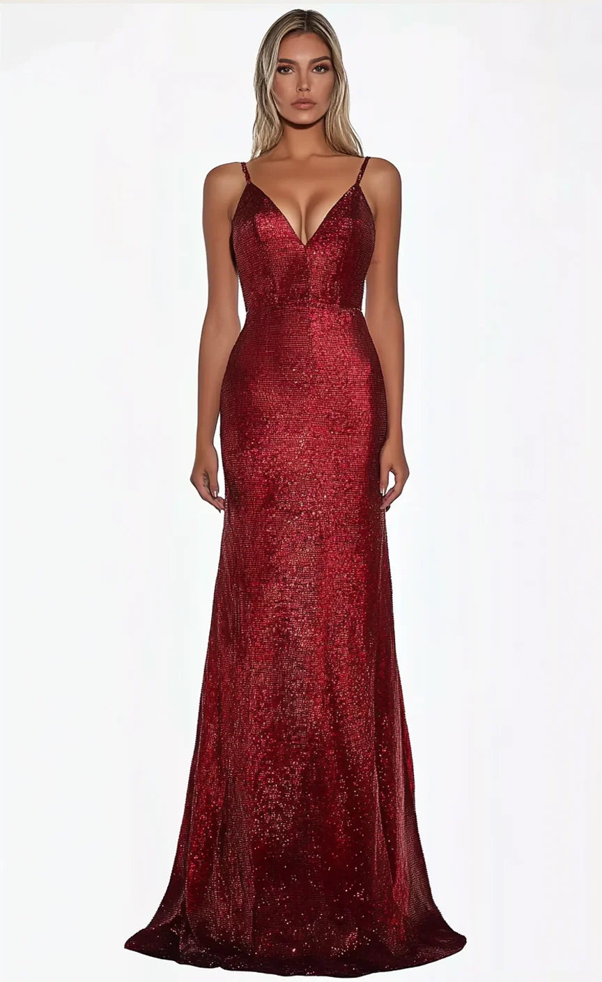 Spaghetti Strap Sequin Bodycon Maxi Evening Gown