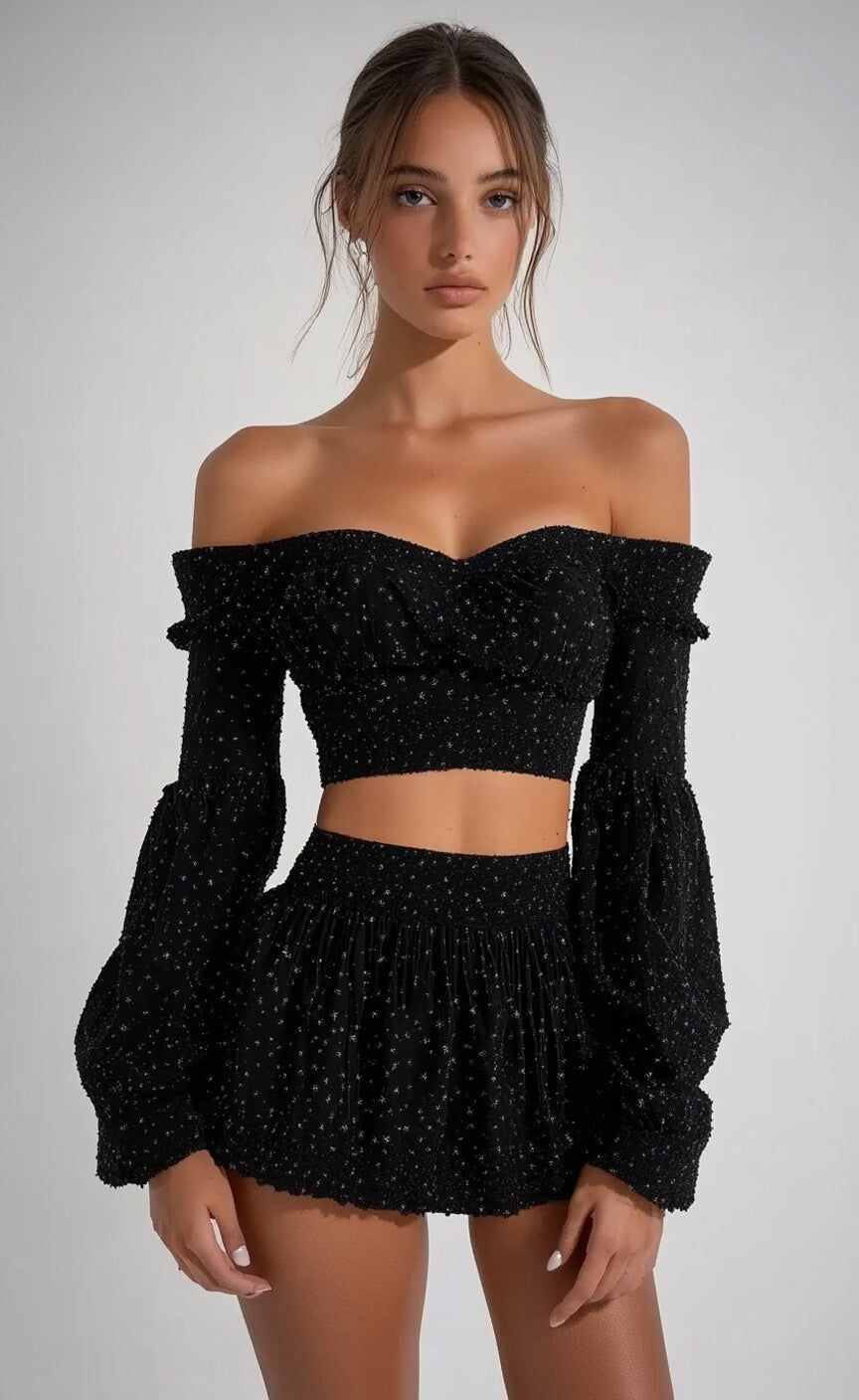 Off-the-shoulder Long-sleeve Crop Top and Skirt two-piece Party Set