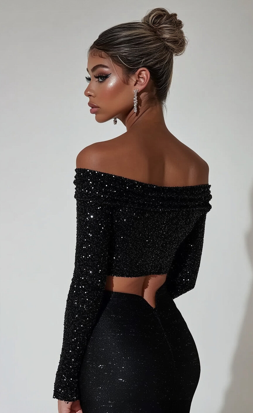 Off-the-shoulder Long-sleeve Crop Top and Skirt two-piece Party Set