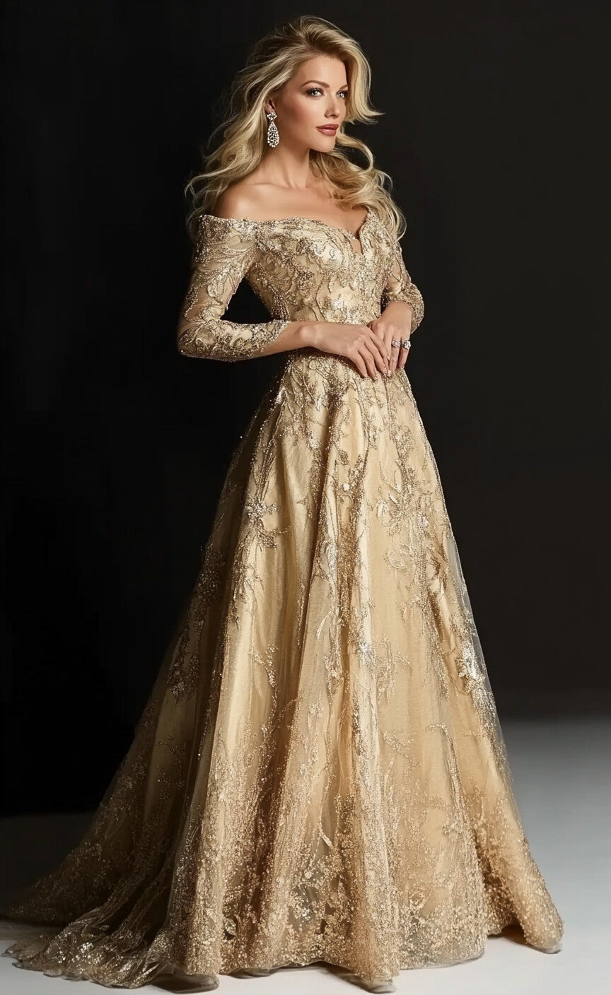 Off Shoulder Three Quarter Sleeve Lace Floral Appliques Maxi Formal Gown