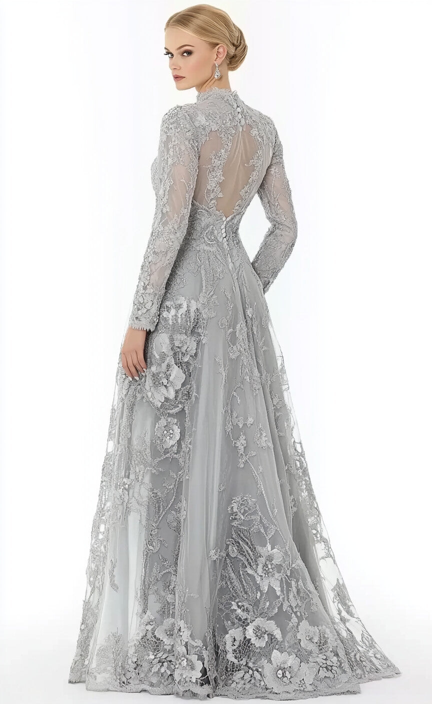 High Neck Long Sleeve Lace Floral Appiques A-line Maxi Prom Dress