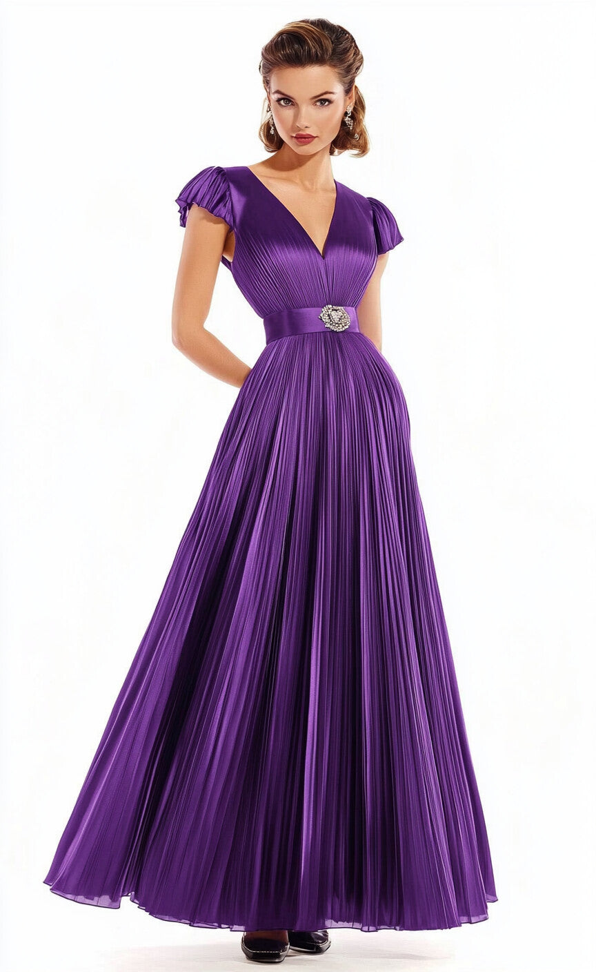 V Neck Cap Sleeve Satin A-line Pleated Maxi Wedding Guest Dresses