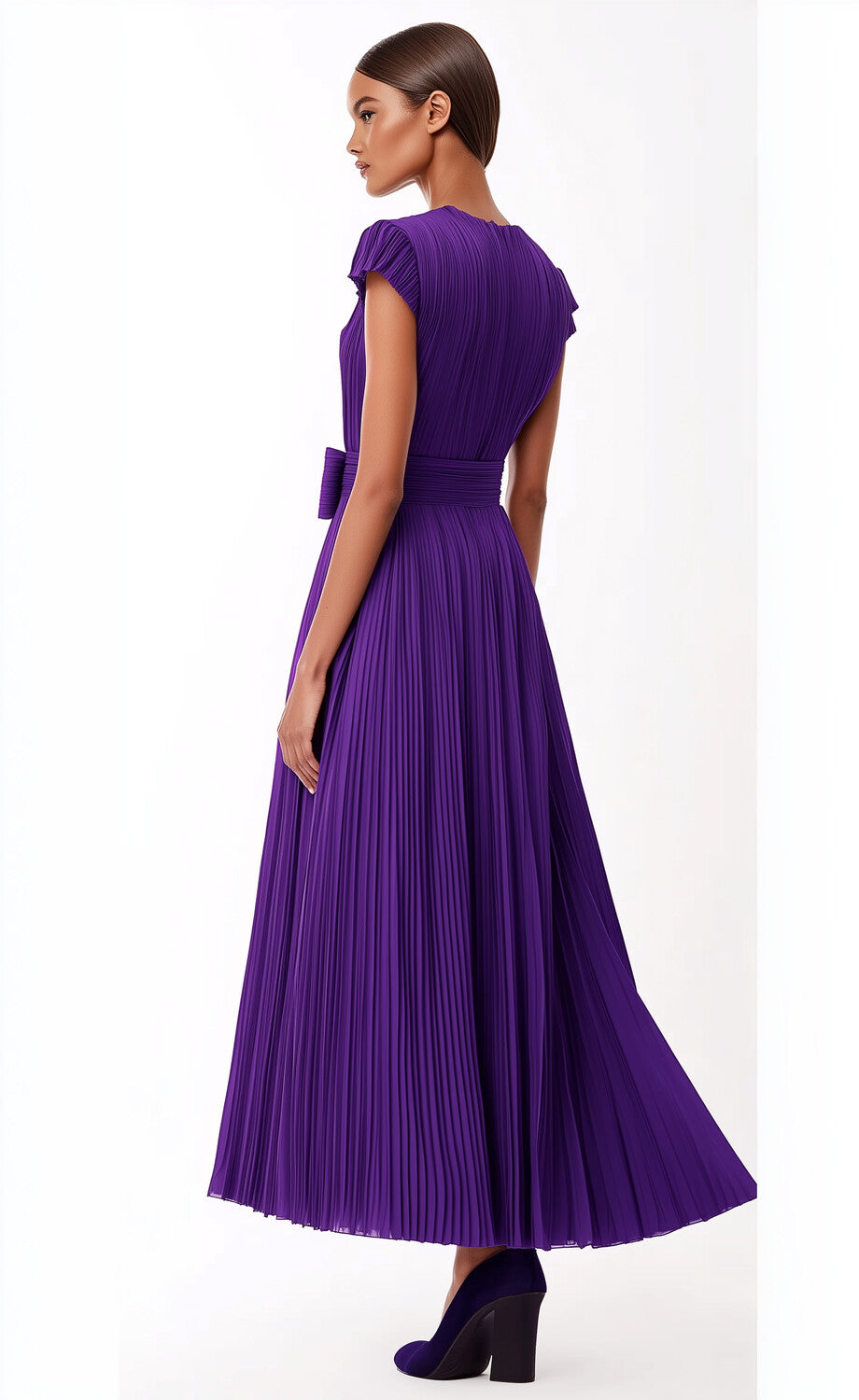 V Neck Cap Sleeve Satin A-line Pleated Maxi Wedding Guest Dresses