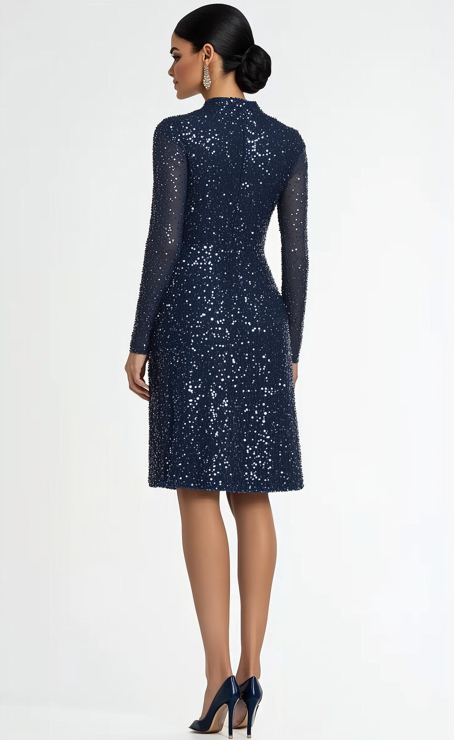 Turtle Neckline Long Sleeve Sequin Split Knee Length Mother Of The Bride Dresses