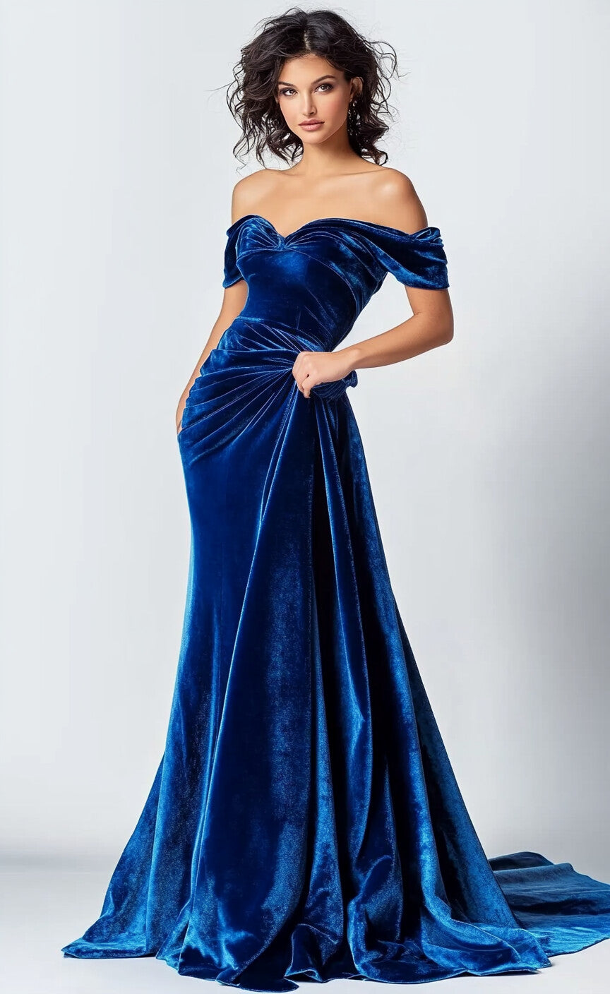 Sweetheart Neck Open Shoulder Velvet Pleated Floor Length Formal Gown