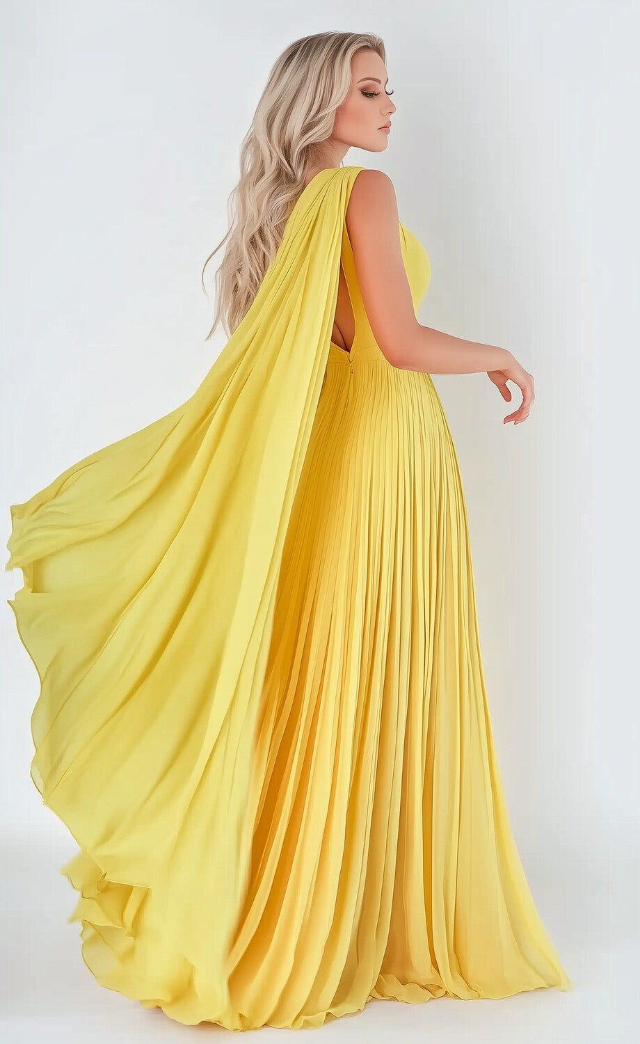Asymmetrical Neck One Shoulder Chiffon Smock Pleated High Split Maxi Prom Dress