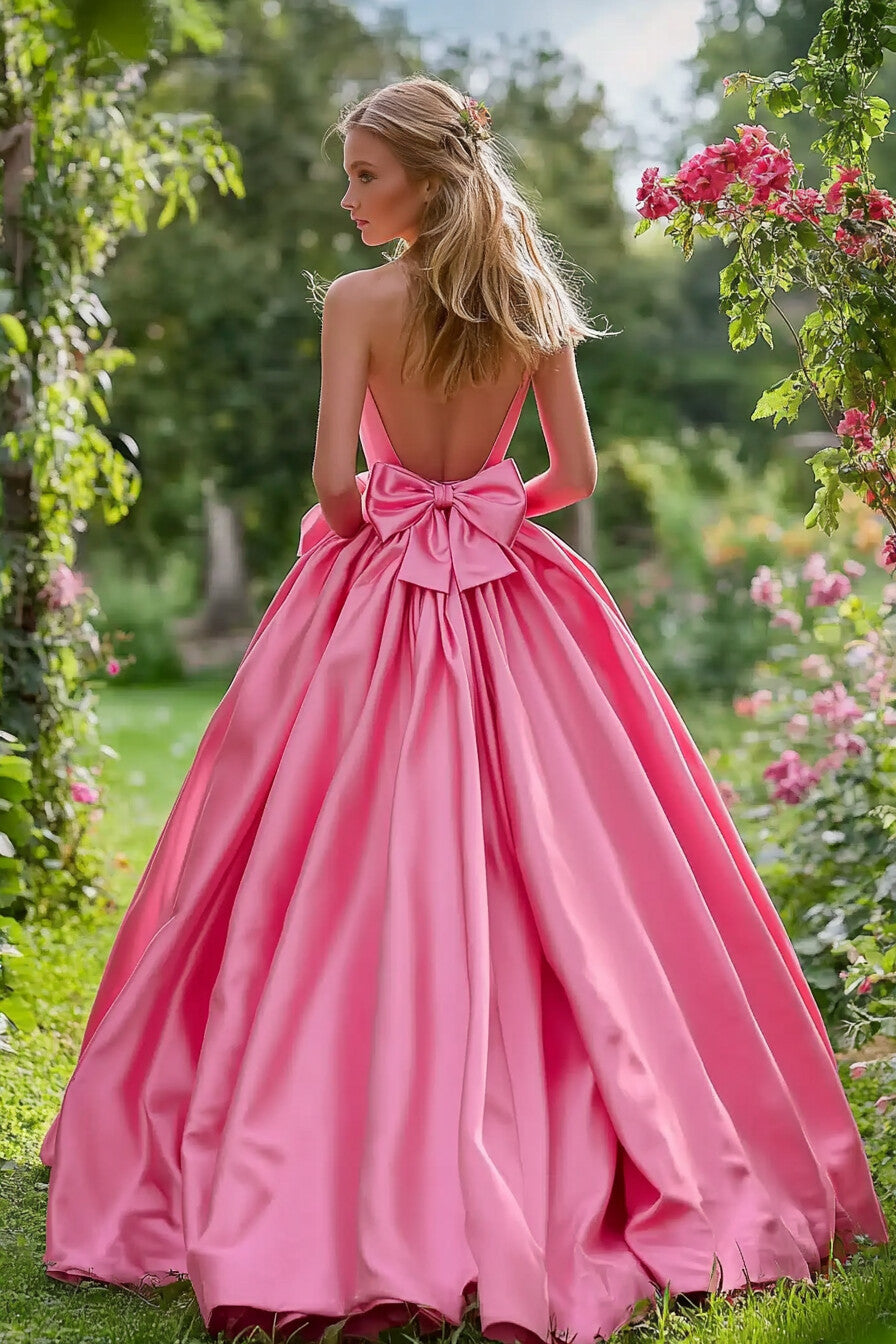 Bow Sweetheart Neckline Strapless Satin Floor Length Prom Dress