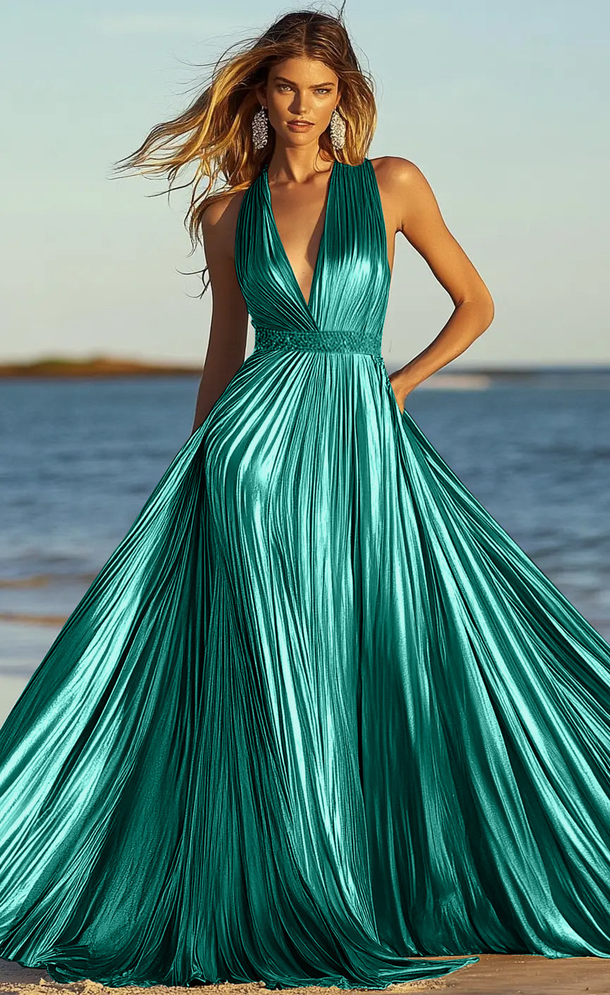 Halter Neckline Backless A Line Pleated Metallic Maxi Prom Dresses