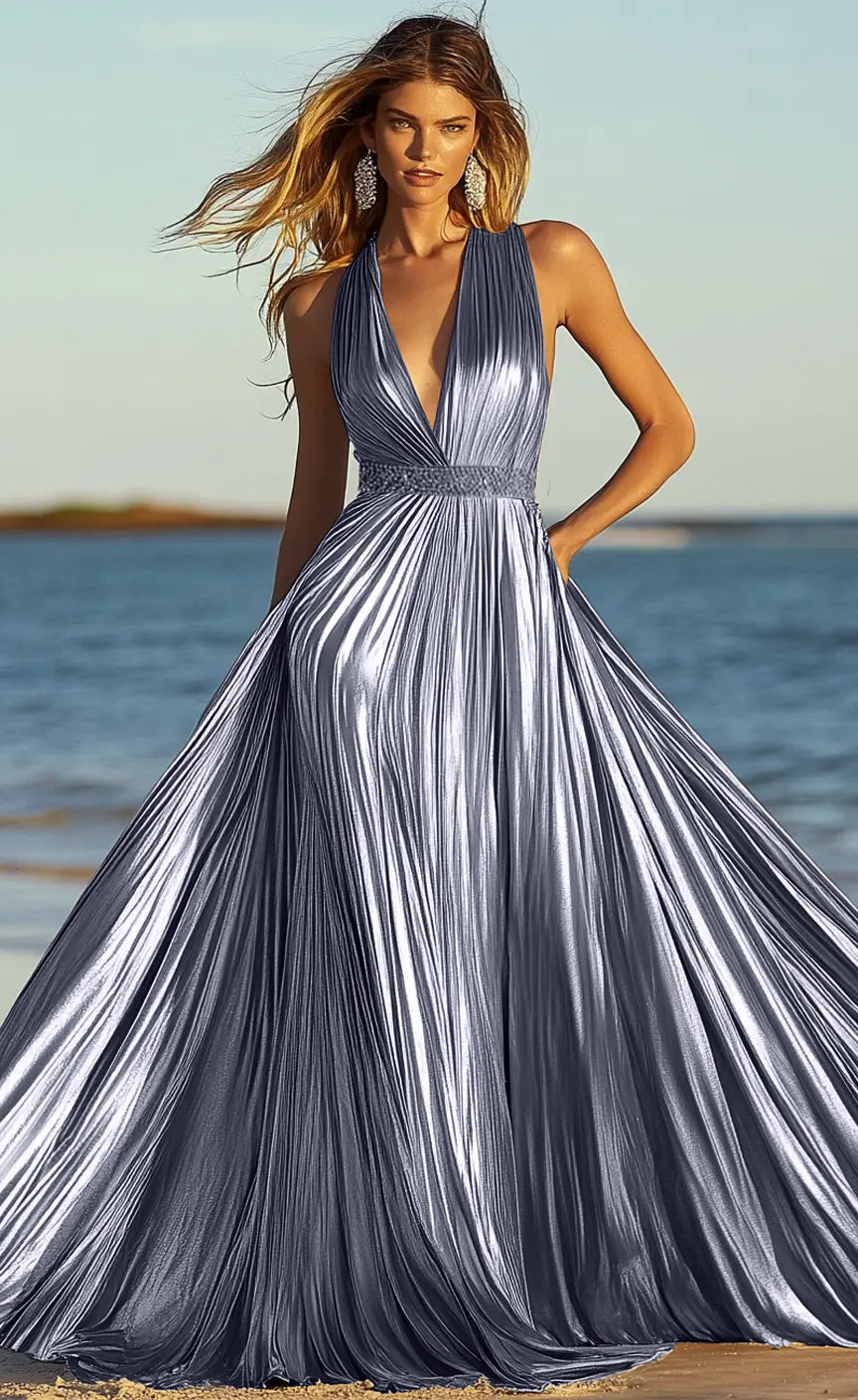 Halter Neckline Backless A Line Pleated Metallic Maxi Prom Dresses