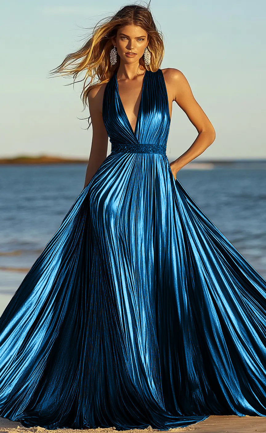 Halter Neckline Backless A Line Pleated Metallic Maxi Prom Dresses