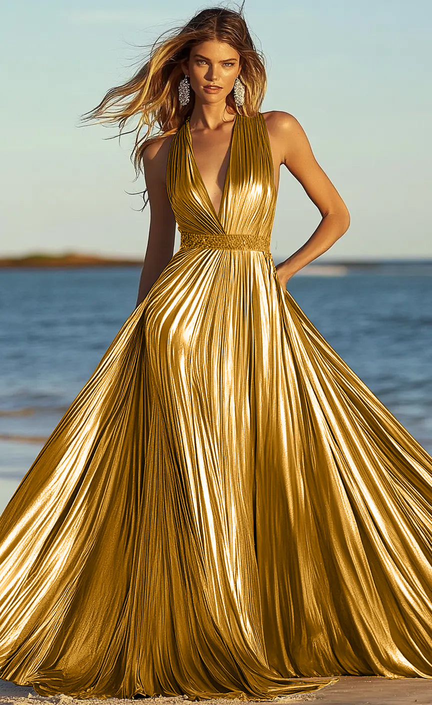 Halter Neckline Backless A Line Pleated Metallic Maxi Prom Dresses