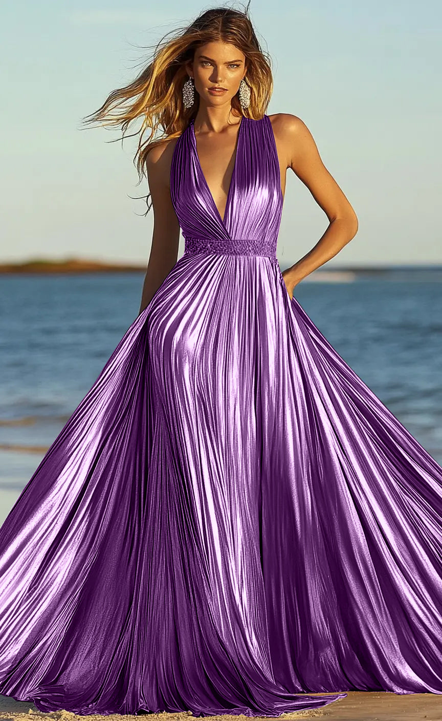Halter Neckline Backless A Line Pleated Metallic Maxi Prom Dresses