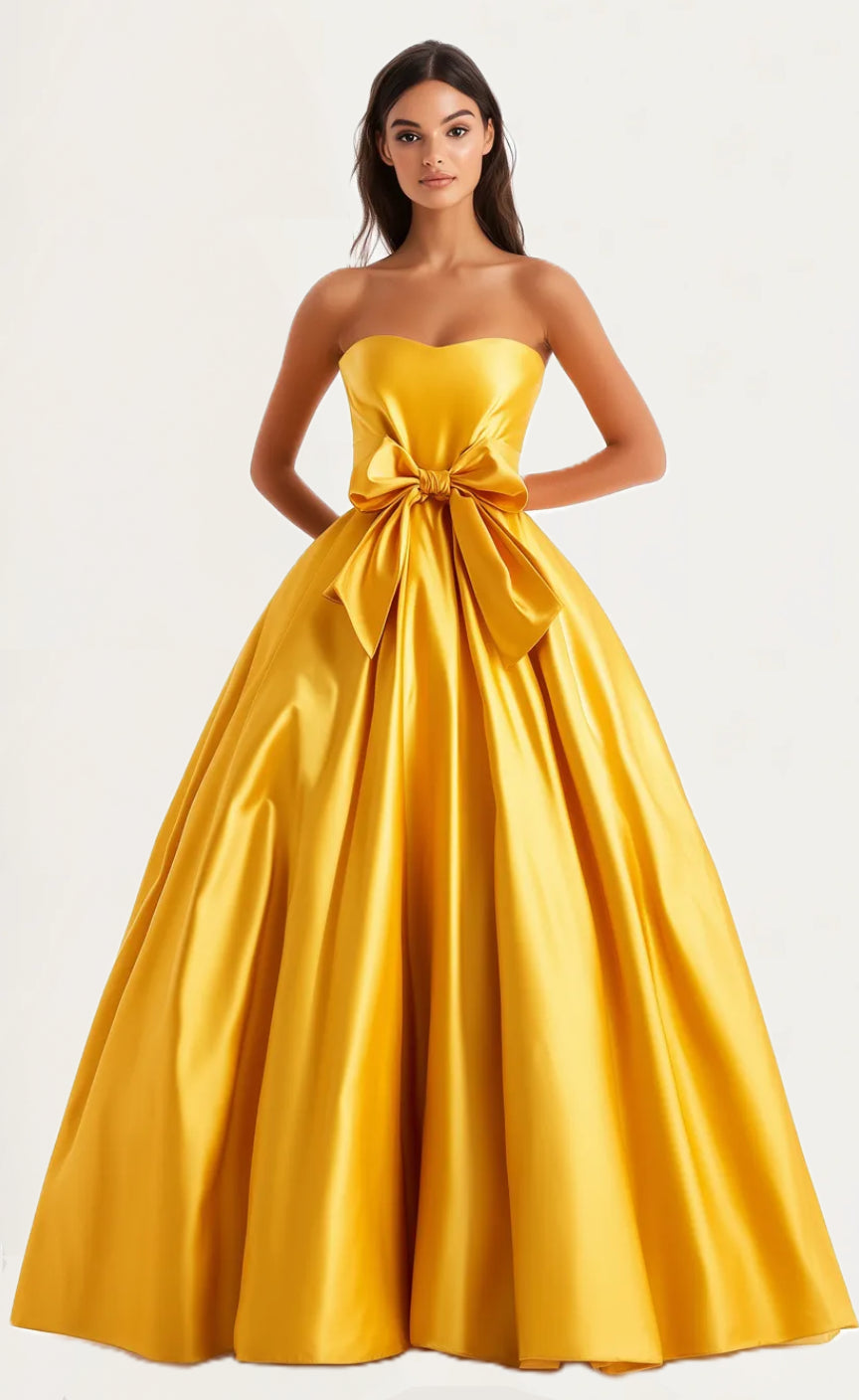 Sweetheart Off Shoulder A-line Satin Bow Maxi Prom Dress