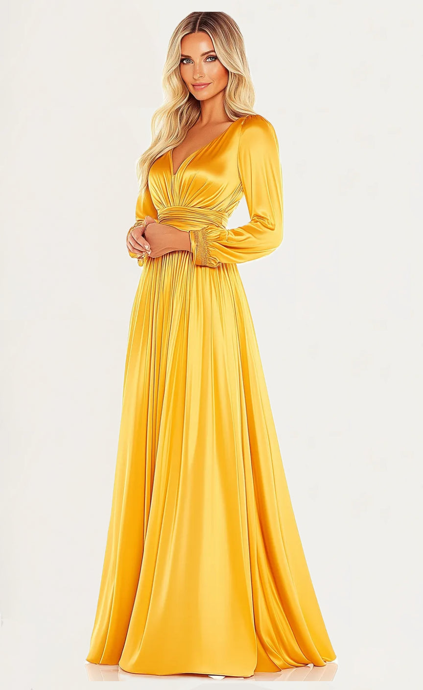 V Neck Long Sleeve Satin Pleated Maxi Mother Of the Bride Dresses