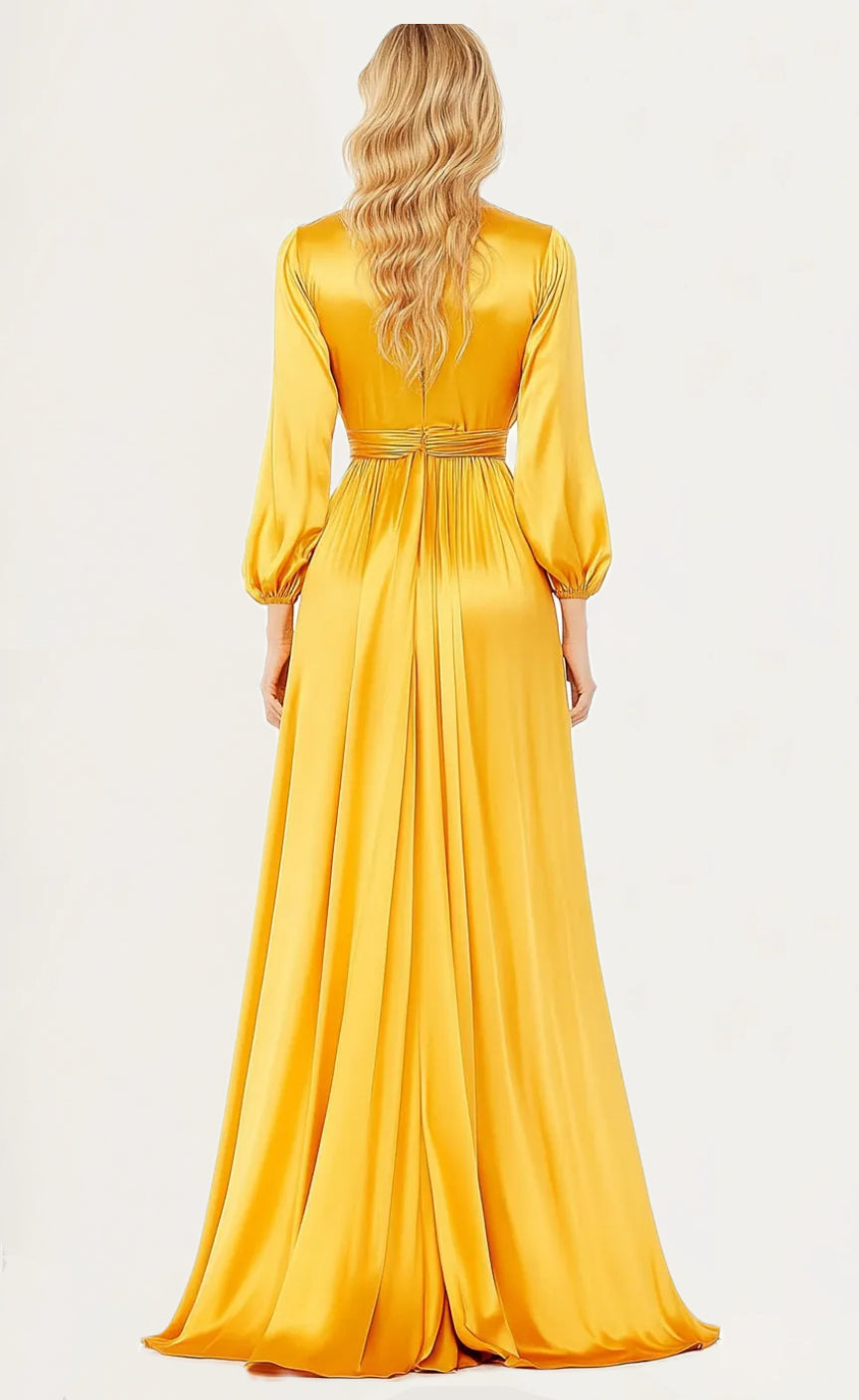 V Neck Long Sleeve Satin Pleated Maxi Mother Of the Bride Dresses